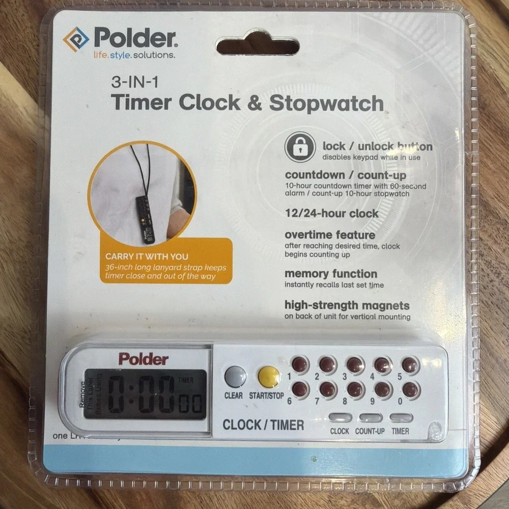 Polder 3-IN-1 Timer Clock & Stopwatch 898-90 Multi Function Tool w/ Lanyard NEW